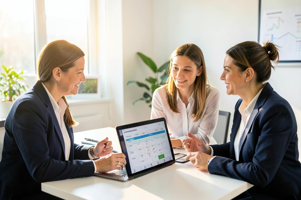 Home-care coordinators managing client scheduling and intake in an office
